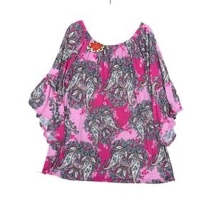 Tee For The Soul Pink Paisley Ruffle Bell Sleeve Top 3XL B1238X Made in USA